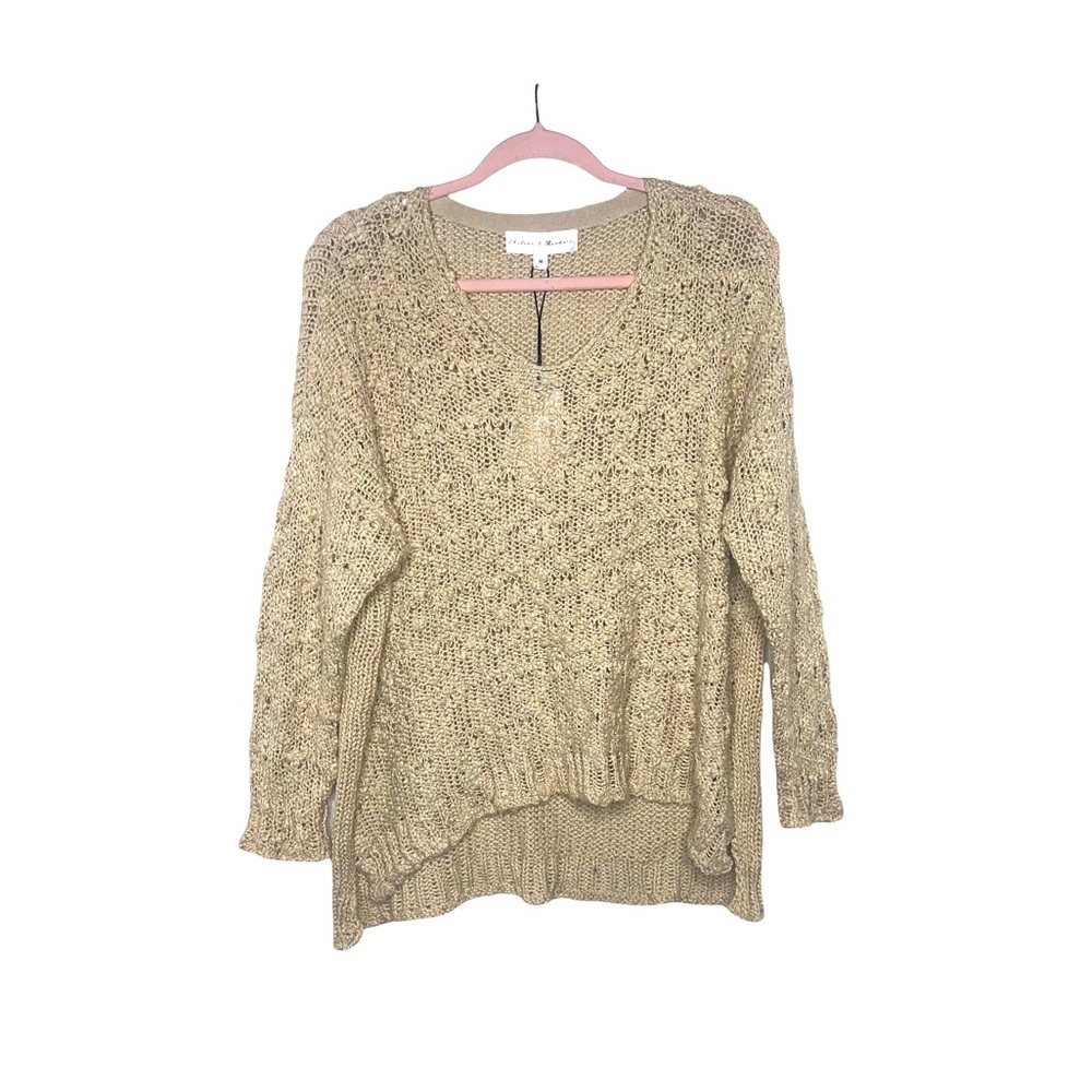CHELSEA & THEODORE Cream Open Knit V Neck Sweater M NWT